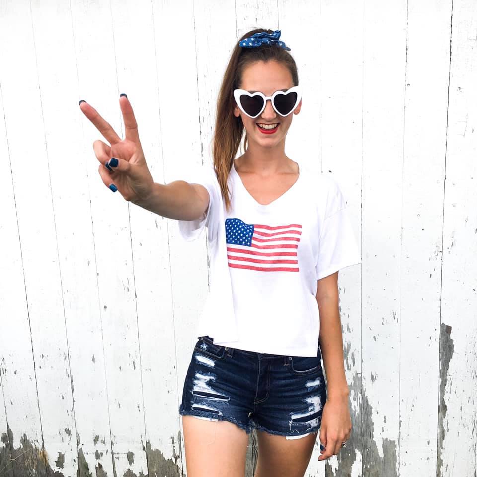 American flag shirt, 4th of July style, heart sunglasses