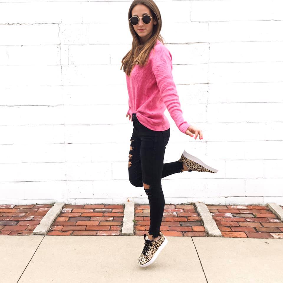 hot pink sweater, leopard sneakers, platform sneakers