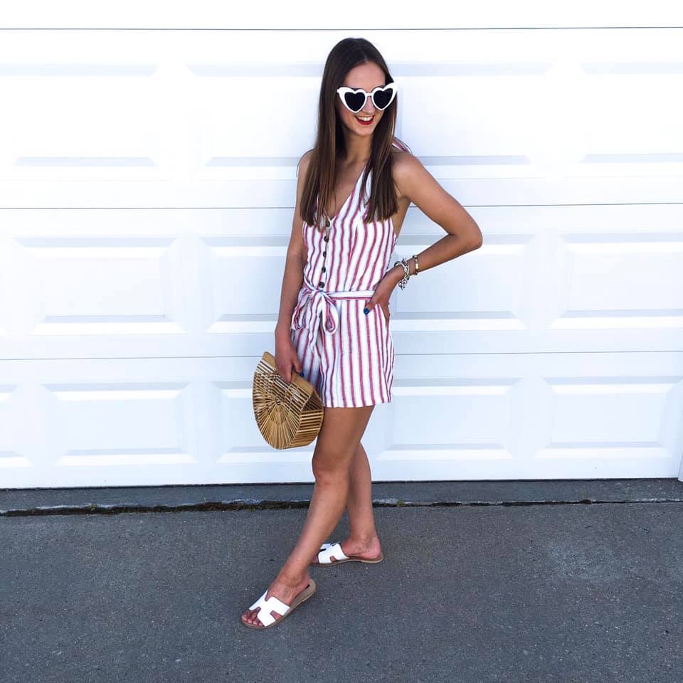 red and white romper, tie front romper, heart sunglasses