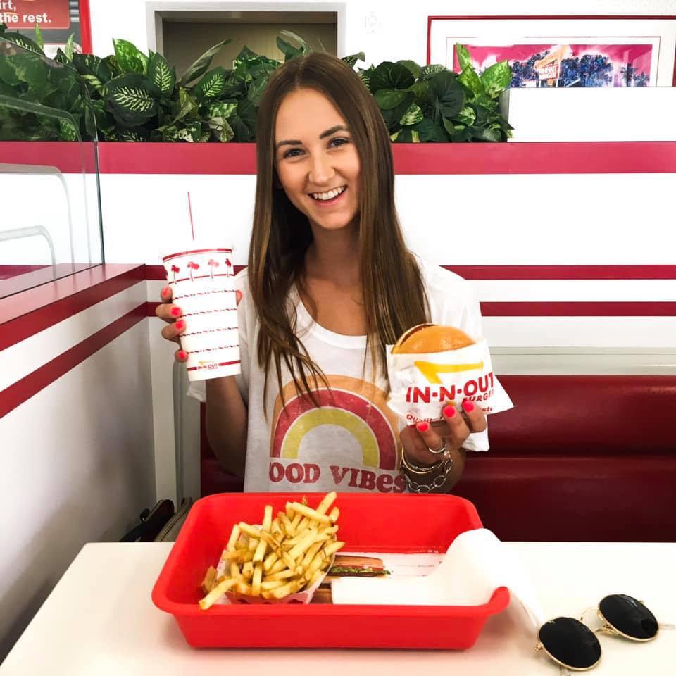 good vibes shirt, In-N-Out, round sunglasses