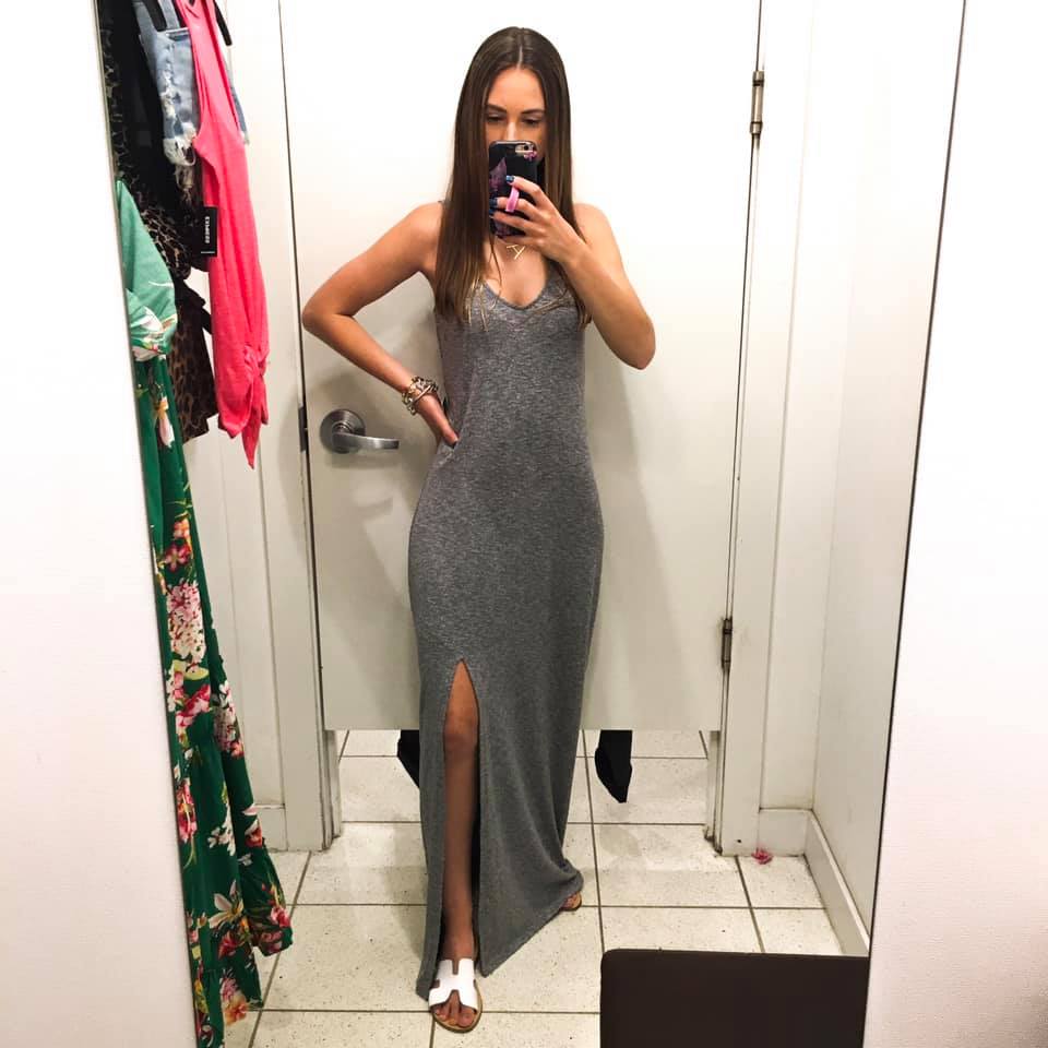 grey maxi dress, loopy case, try on haul