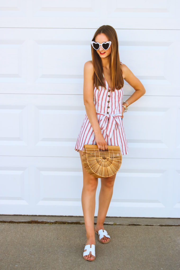 basket bag, striped romper, 4th of July outfit
