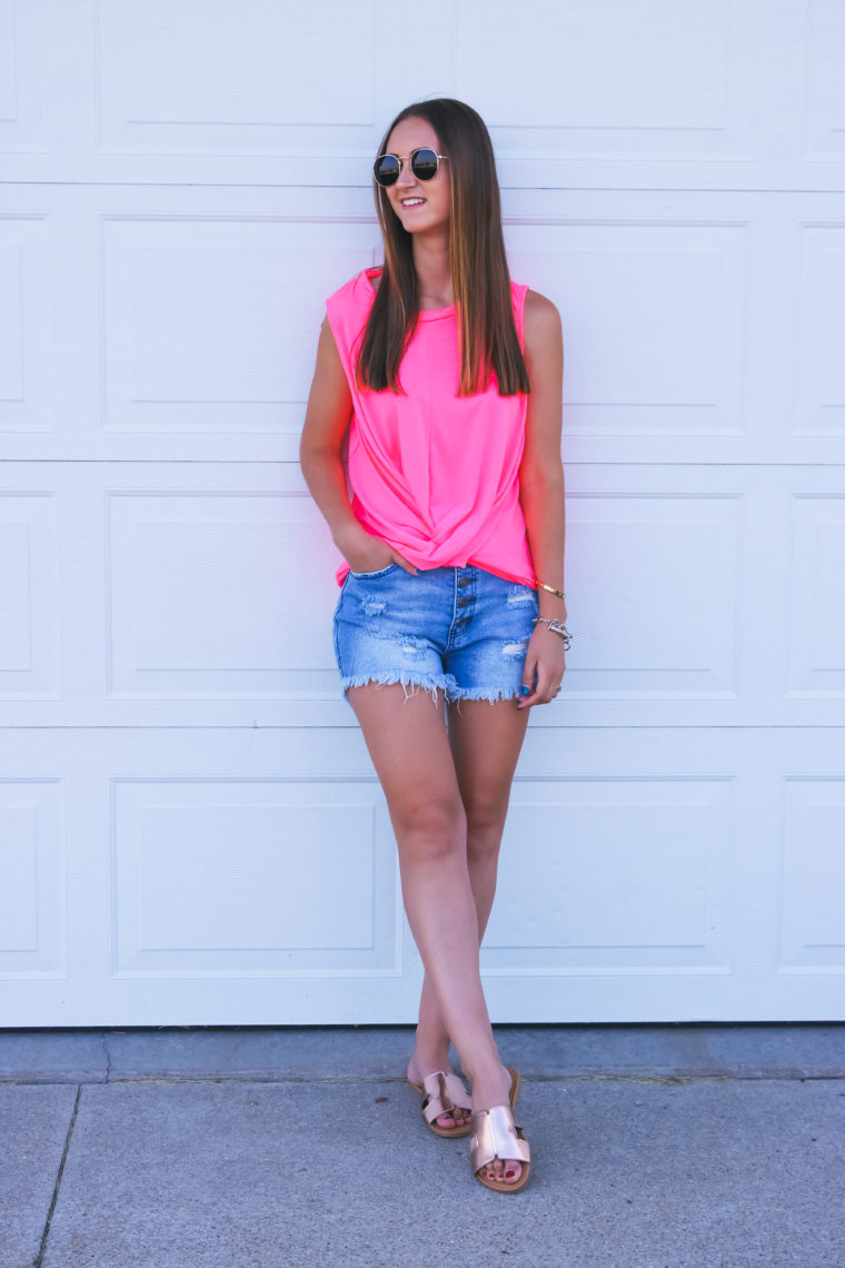 bright pink tank top, summer style, high waist shorts