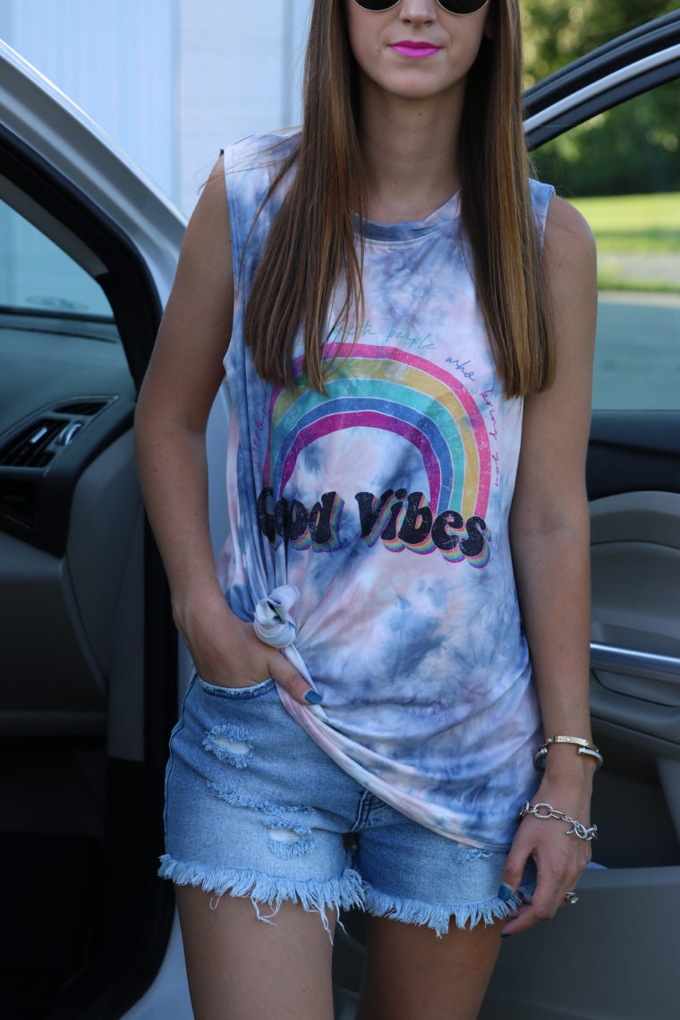 good vibes only, rainbow shirt, summer outfit
