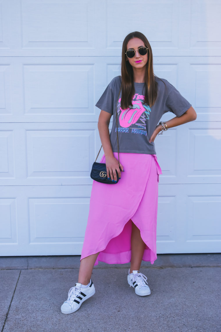 hot pink skirt, rolling stones shirt, Gucci bag