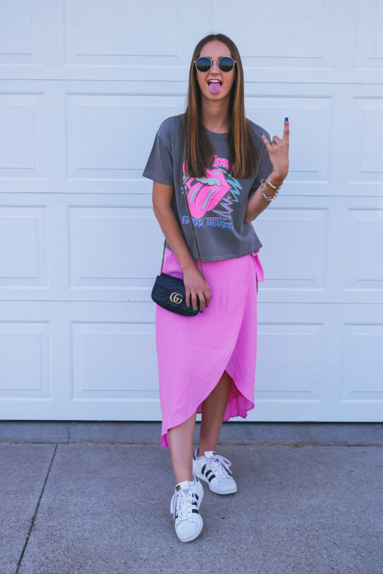 band tee, The Rolling Stones, pink skirt