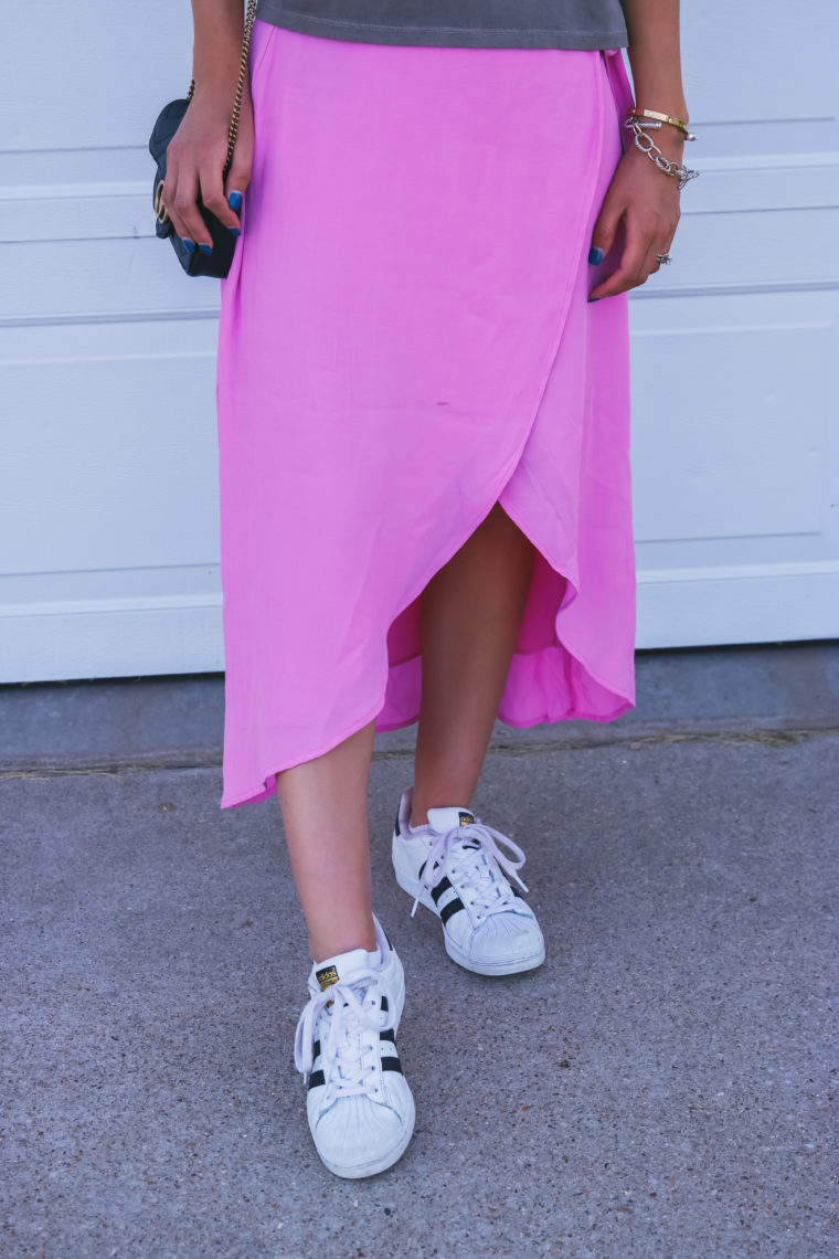 pink skirt, midi skirt, Adidas sneakers