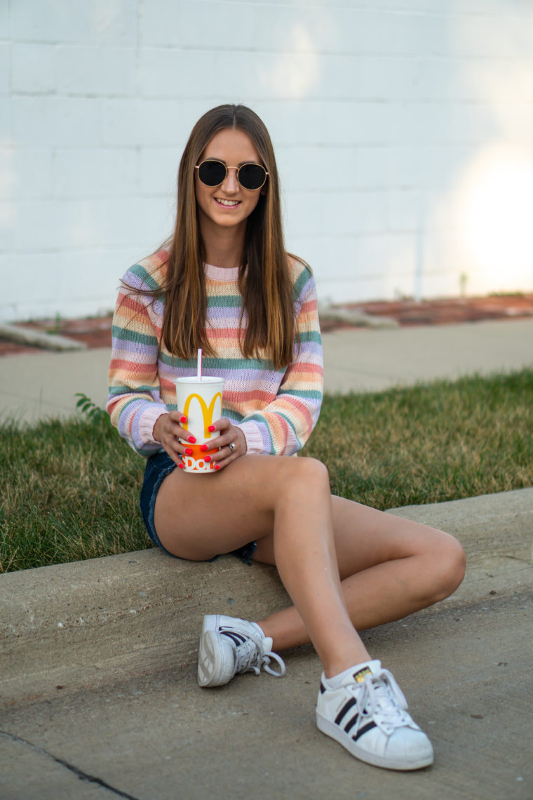 Adidas shoes, casual style, striped sweater