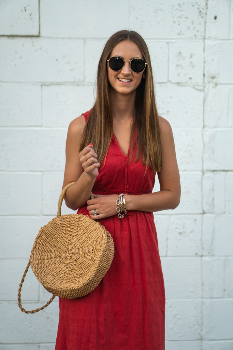 ruffle dress, round straw bag, round sunglasses