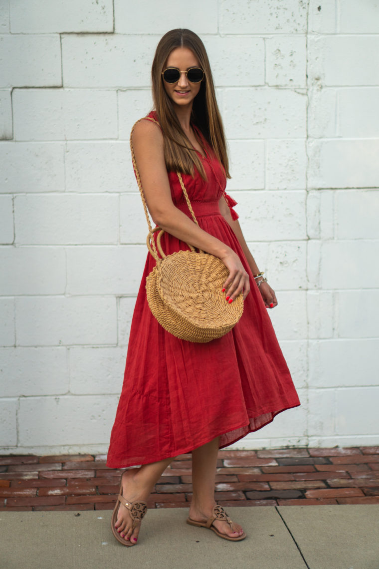 red midi dress, round straw bag, summer style