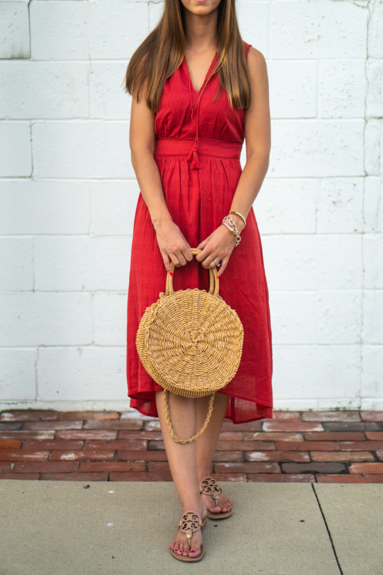 midi dress, round straw bag, summer style