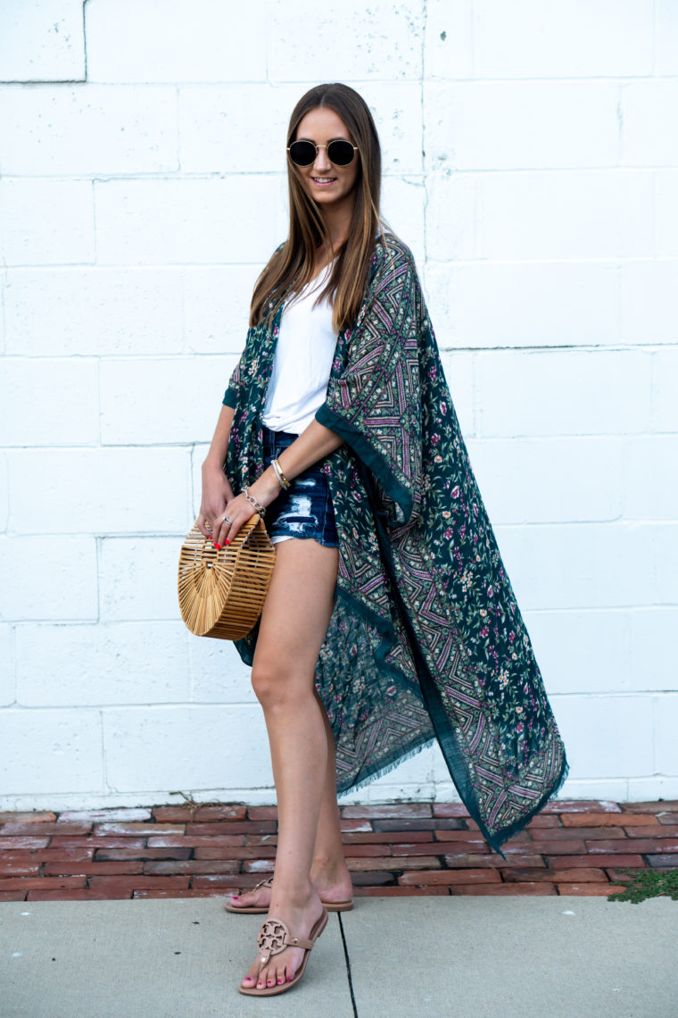 floral kimono, basket bag, fall style