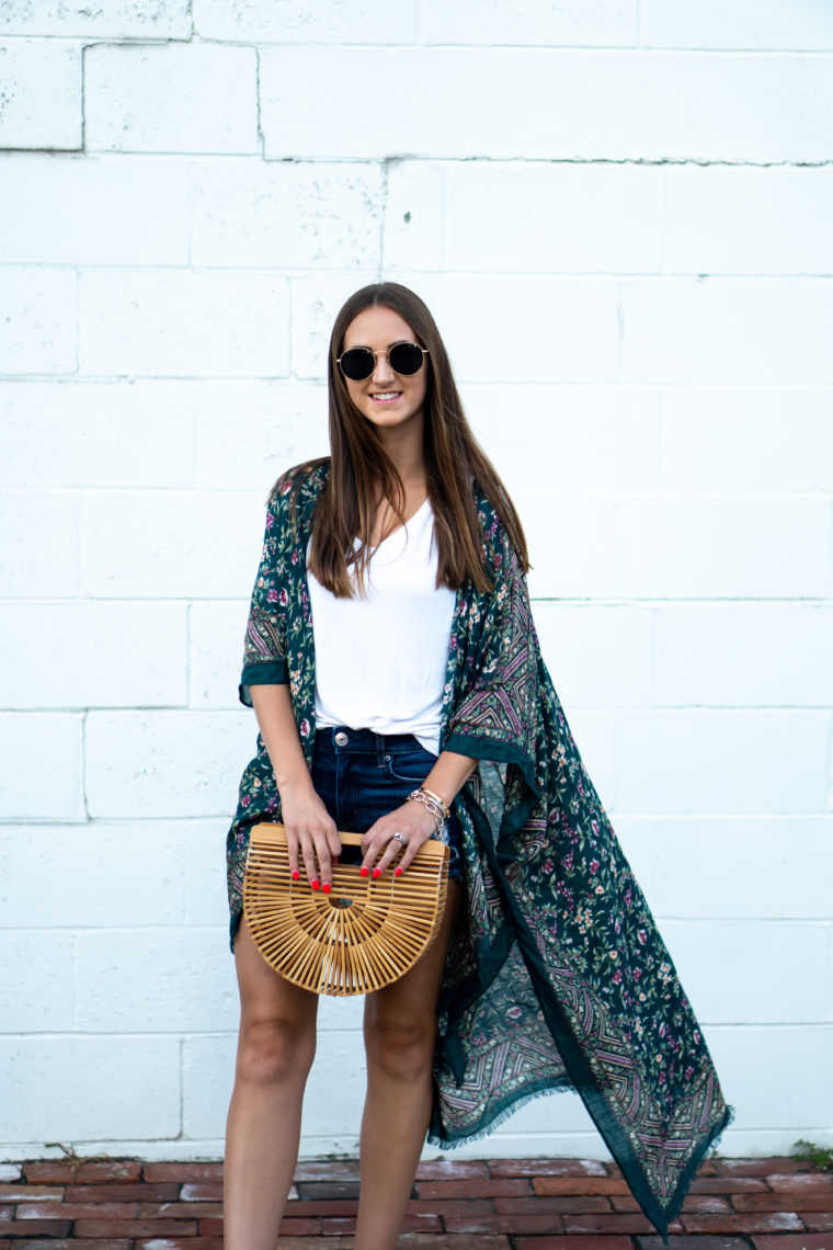 floral kimono, Cult Gaia bag, round sunglasses