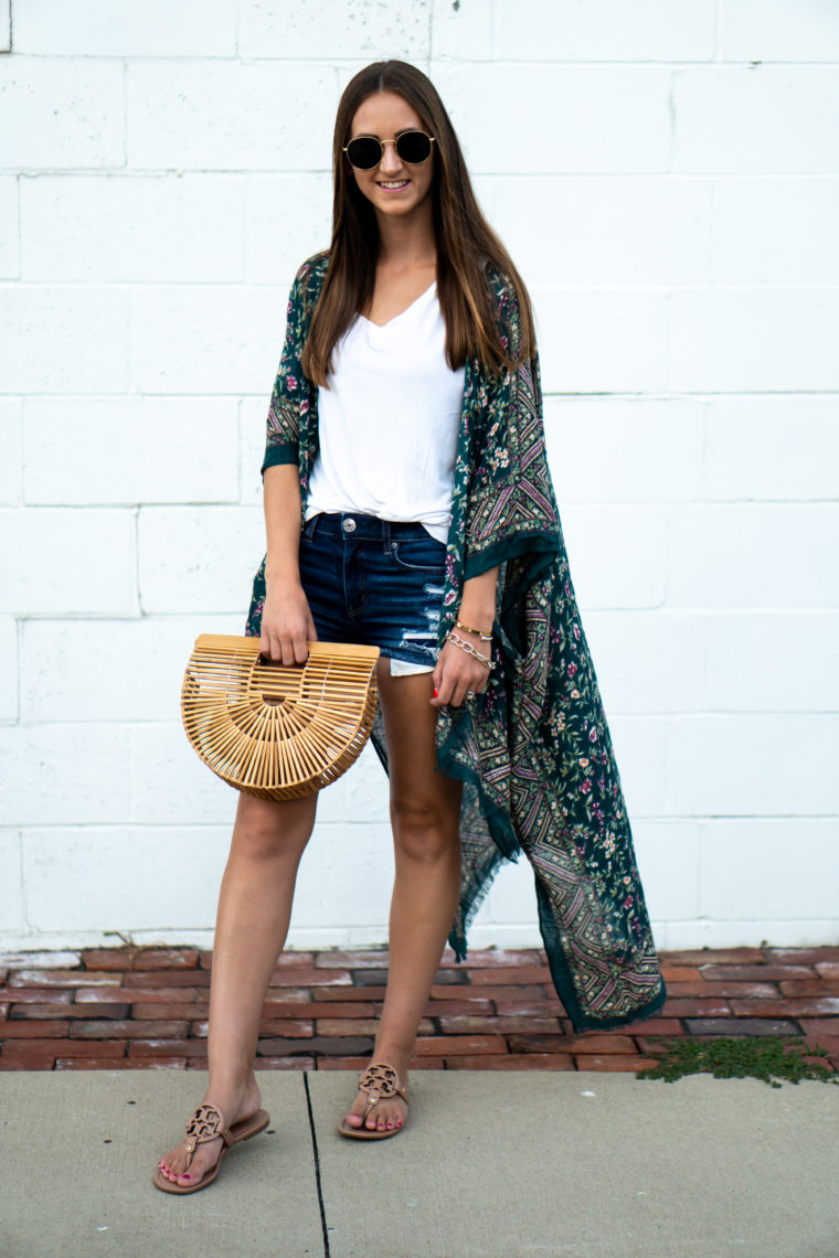 green floral kimono, basket bag, summer style