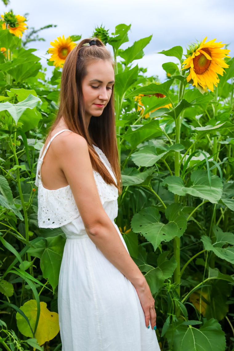 sunflowers, white dress, summer style