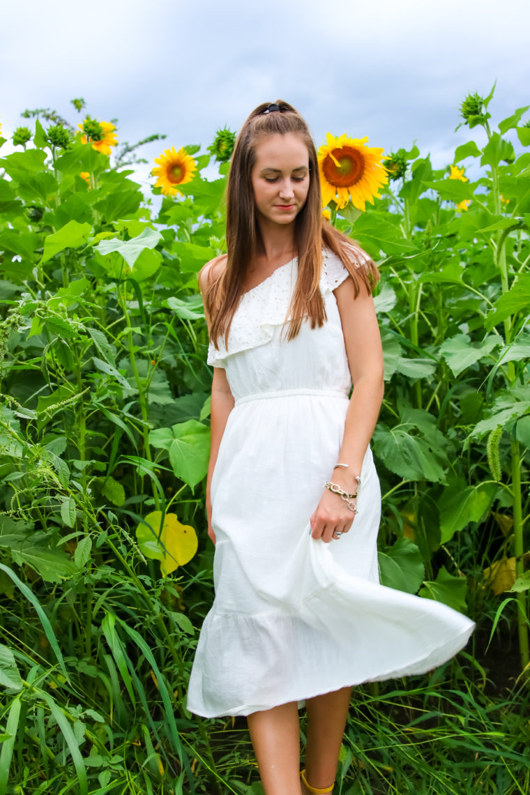 white midi dress, eyelet dress, sunflowers, summer style