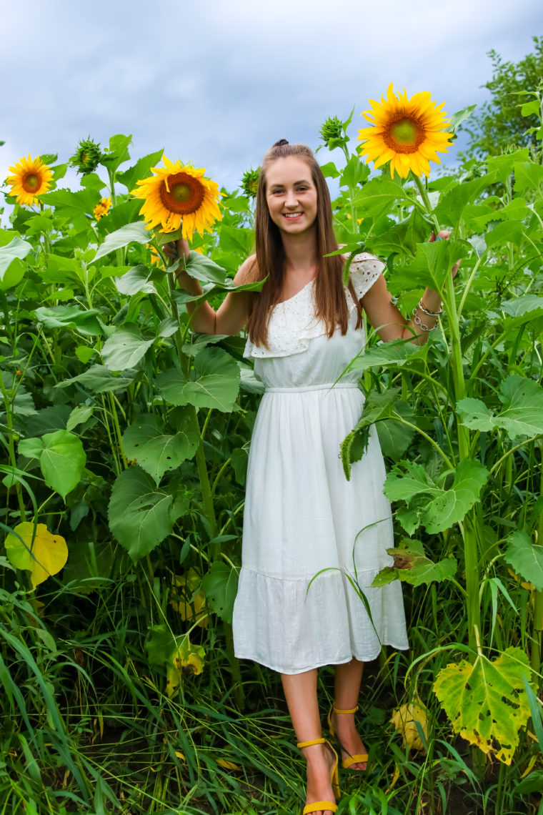 white midi dress, one shoulder dress, sunflower field