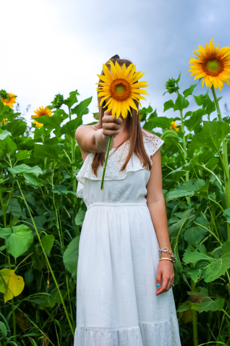 sunflower field, summer style, white dress