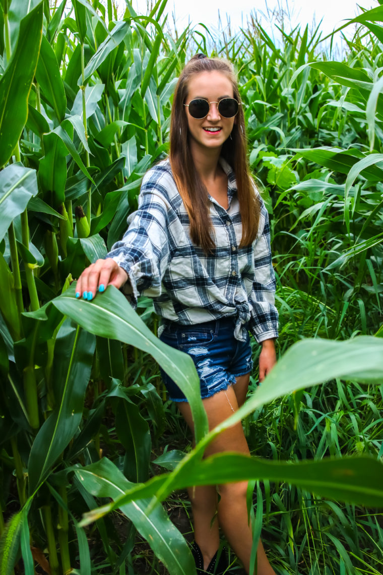 plaid button up, fall style, round sunnies