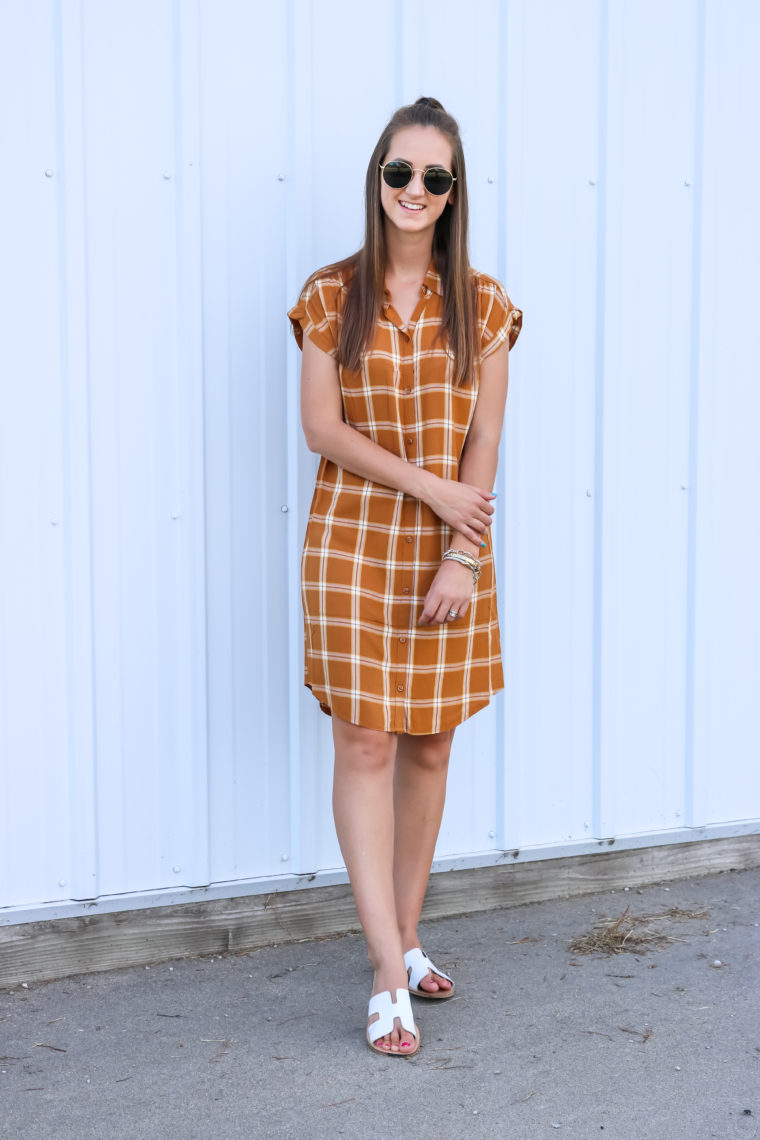 yellow plaid shirt dress, plaid dress, fall style