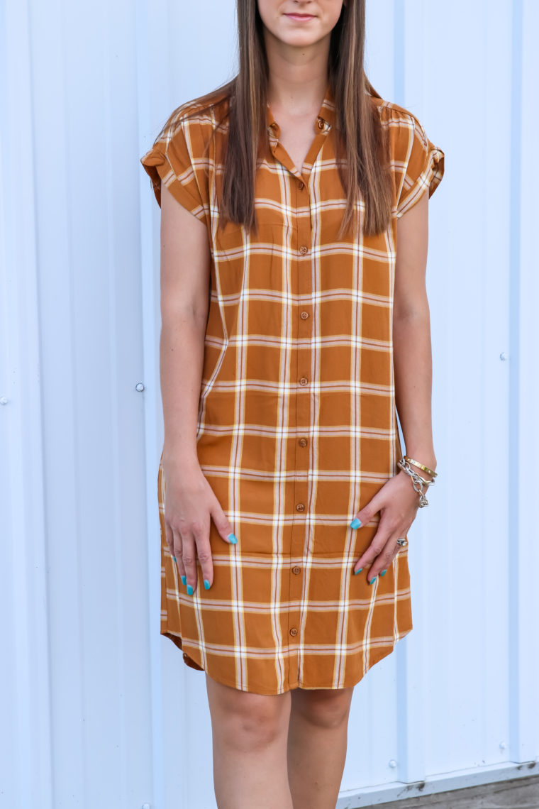 plaid dress, button up dress, fall style