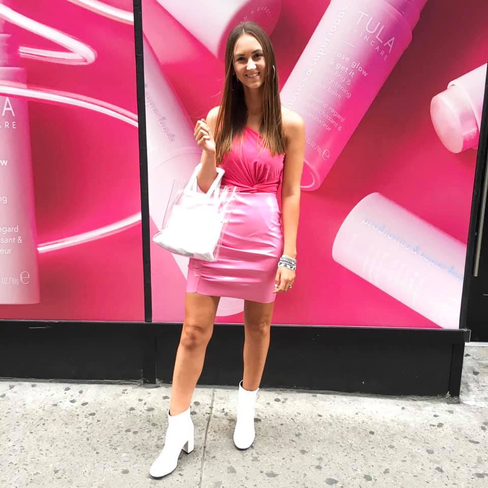 pink bodysuit, pink skirt, white booties