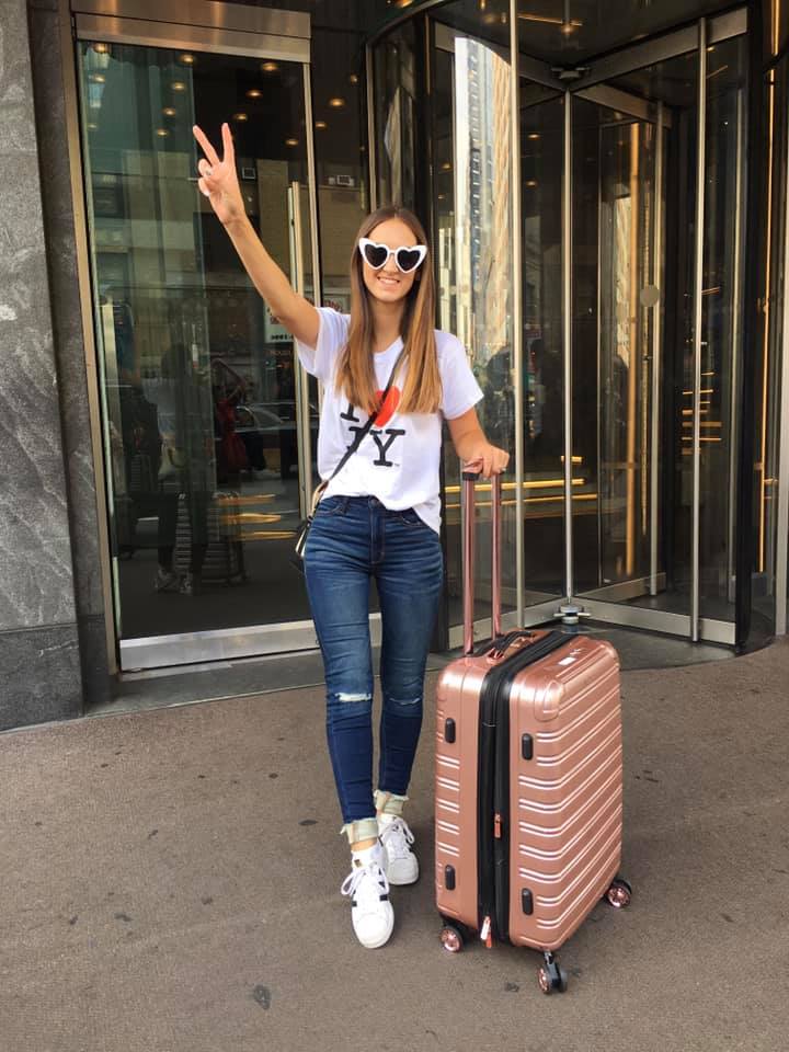 I heart NY shirt, iFly luggage, airport style