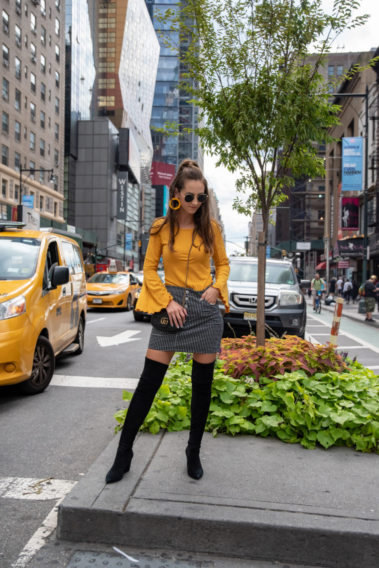 houndstooth skirt, street style, bell sleeve top 