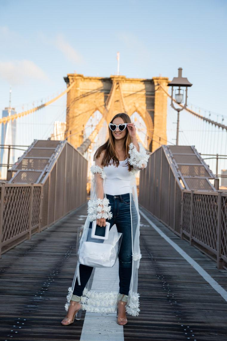 bloom cardigan, clear bag, clear heels