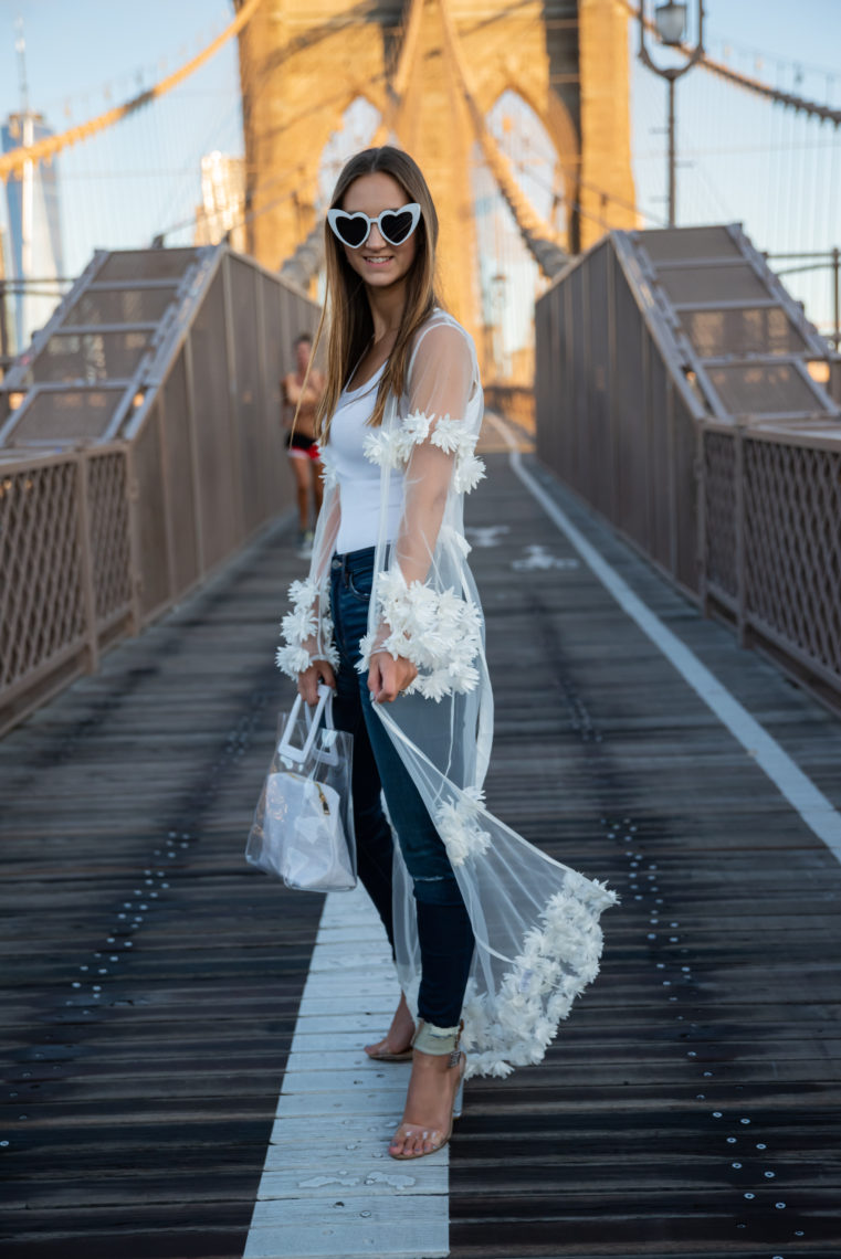 heart sunglasses, mesh cardigan, Brooklyn Bridge 