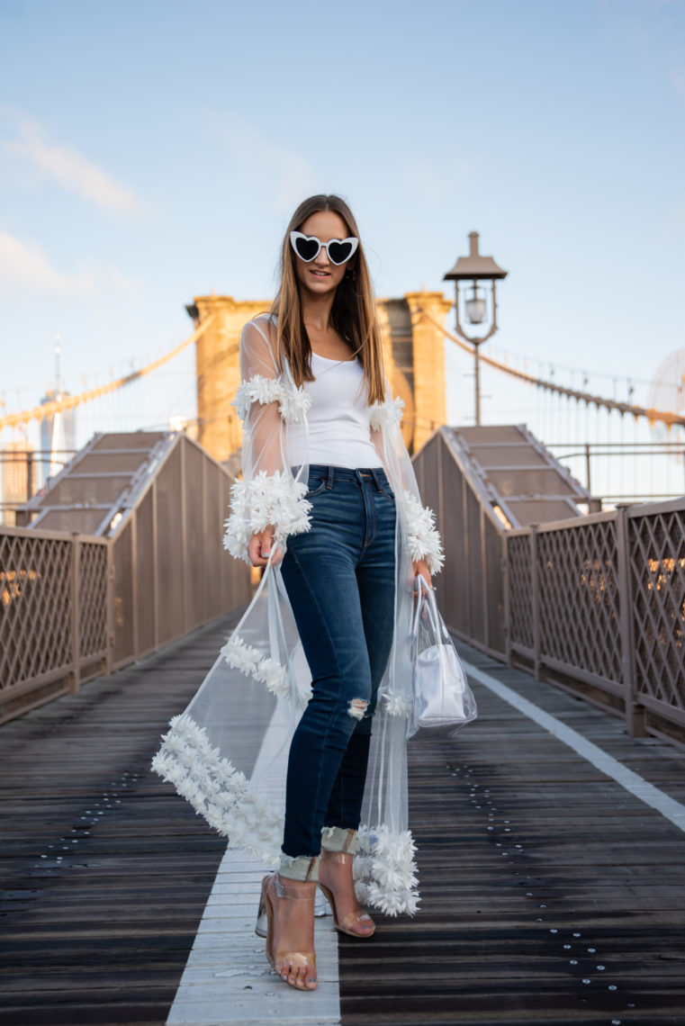 white bloom, cardigan, heart sunglasses, Brooklyn Bridge 