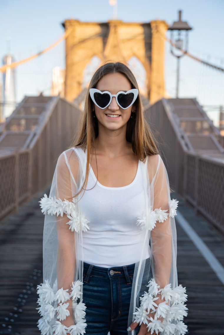heart sunglasses, mesh cardigan, Brooklyn Bridge