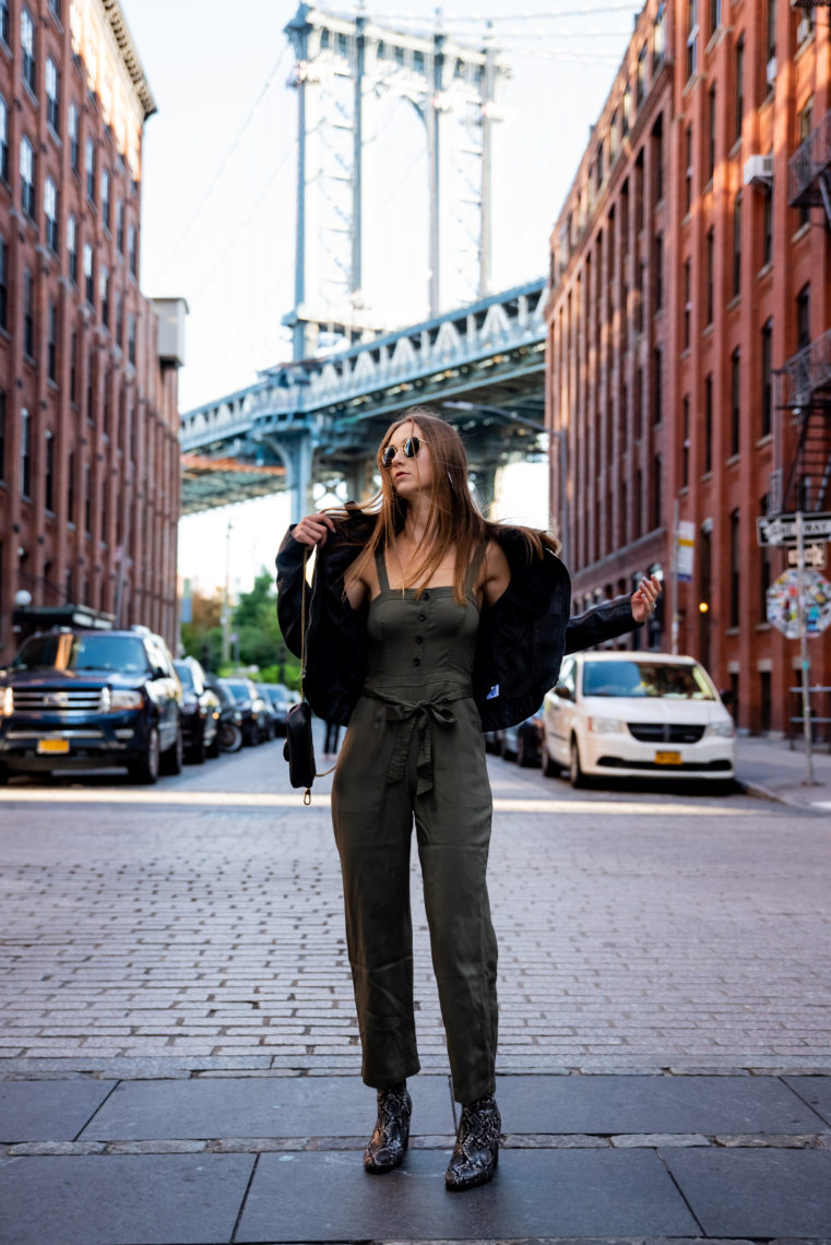 black leather jacket, green jumpsuit, NYFW