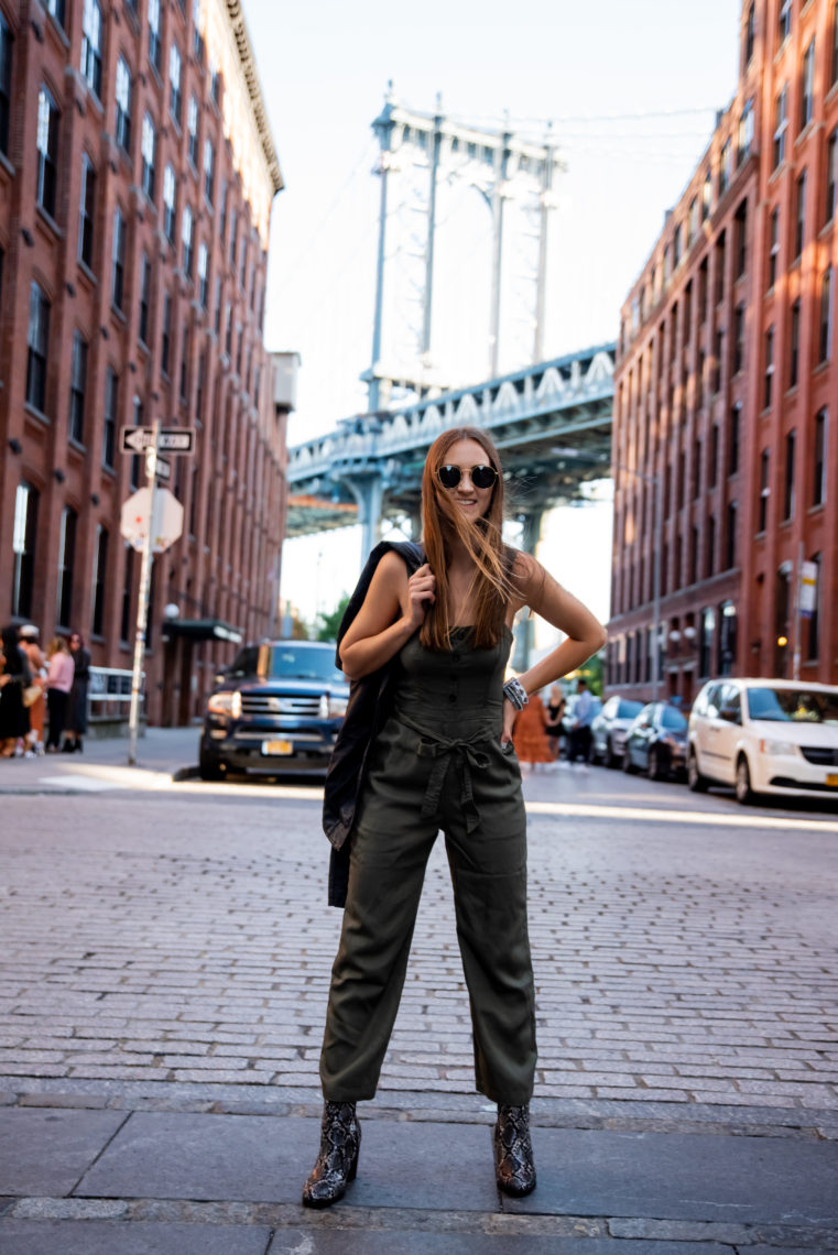 olive green jumpsuit, Dumbo, Brooklyn, NYFW