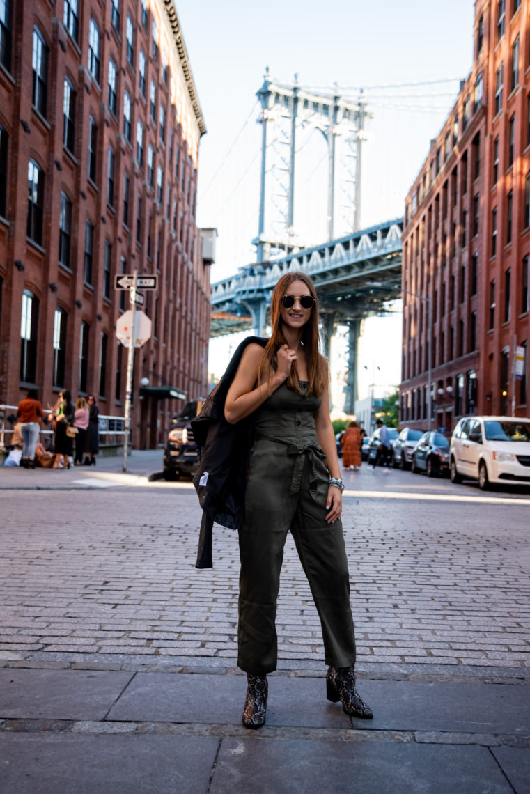 green button front jumpsuit, snakeskin booties, Dumbo, Brooklyn