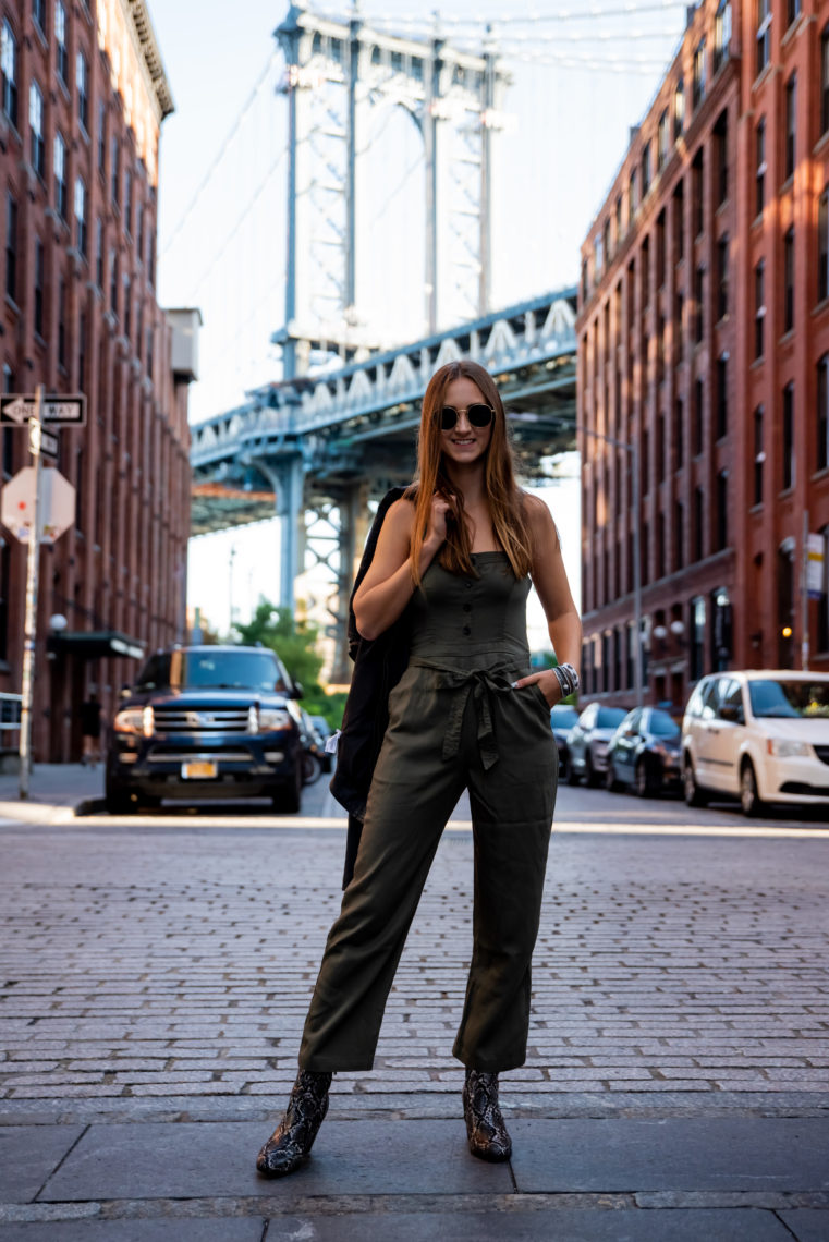 olive green jumpsuit, Brooklyn, Dumbo, NYFW