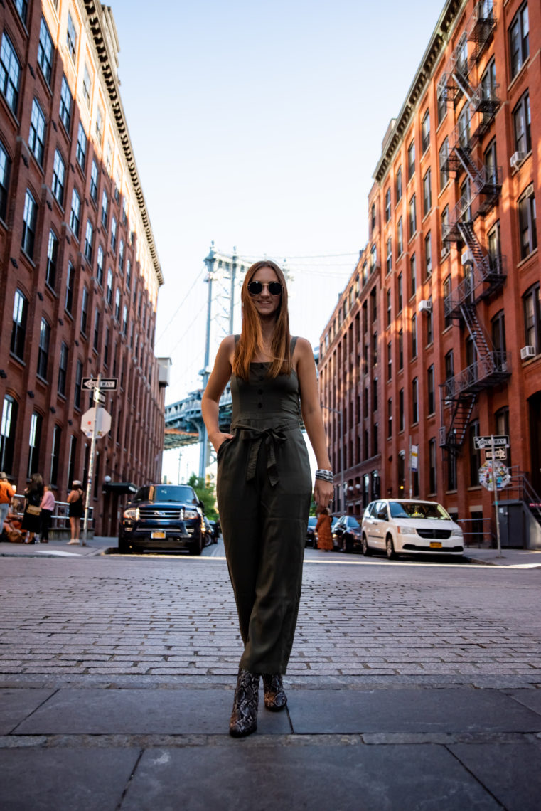 olive green jumpsuit, Dumbo, Brooklyn, NYFW