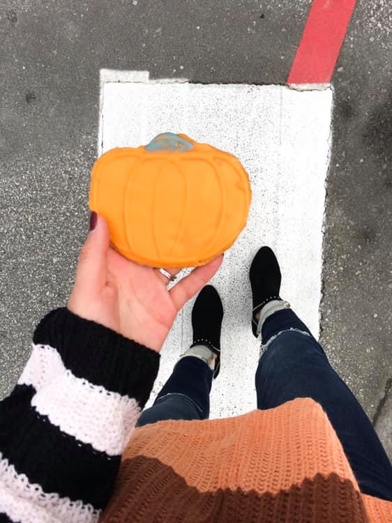 pumpkin cookie, striped sweater, black booties