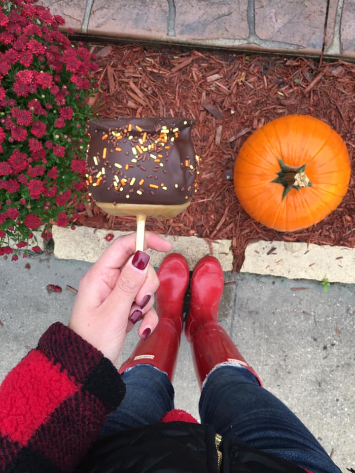 caramel apple, red hunter boots, Oktoberfest