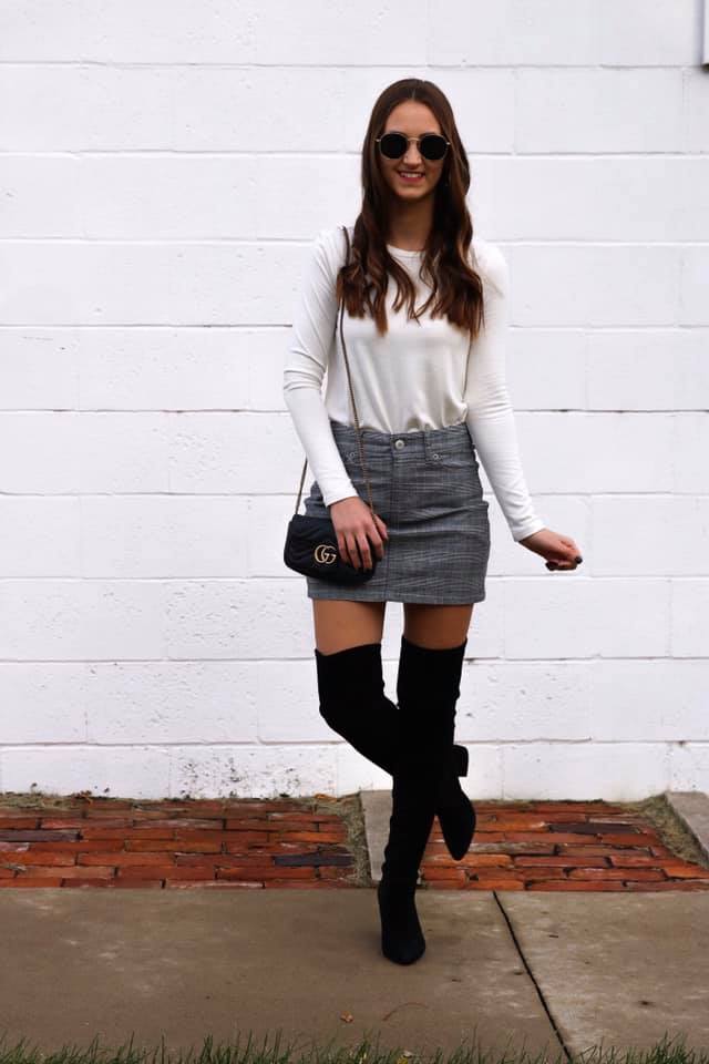 plaid mini skirt, over the knee boots, fall style