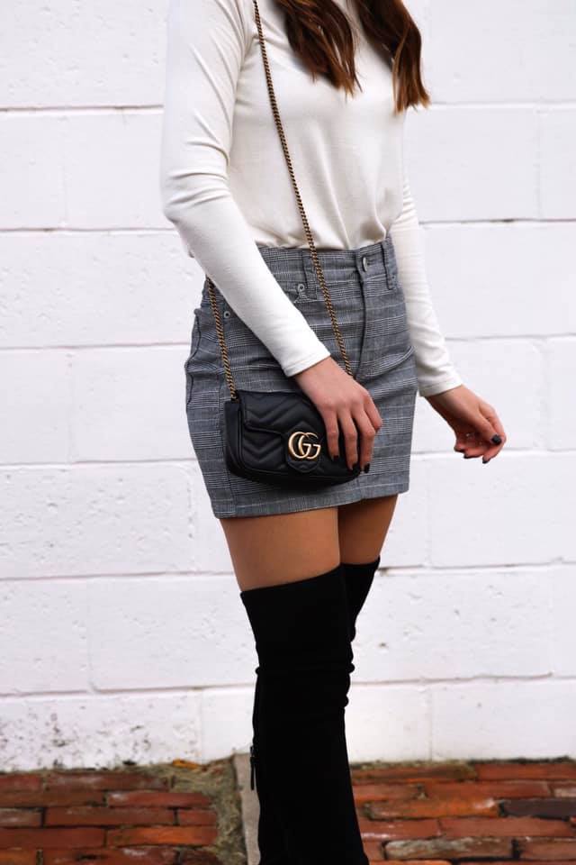Gucci bag, plaid mini skirt, fall style