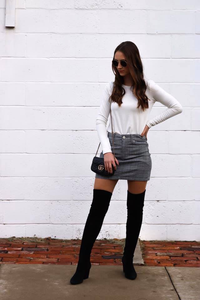 over the knee boots, street style, plaid skirt