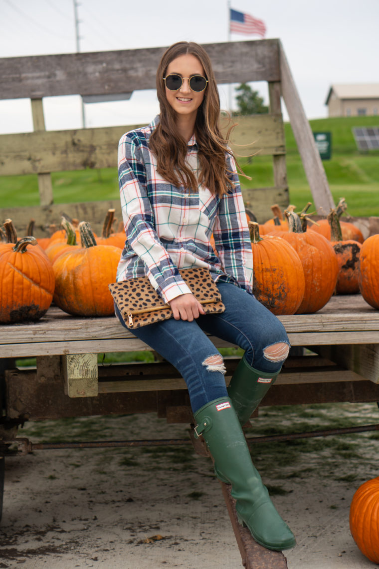 Hunter boots, leopard clutch, plaid shirt