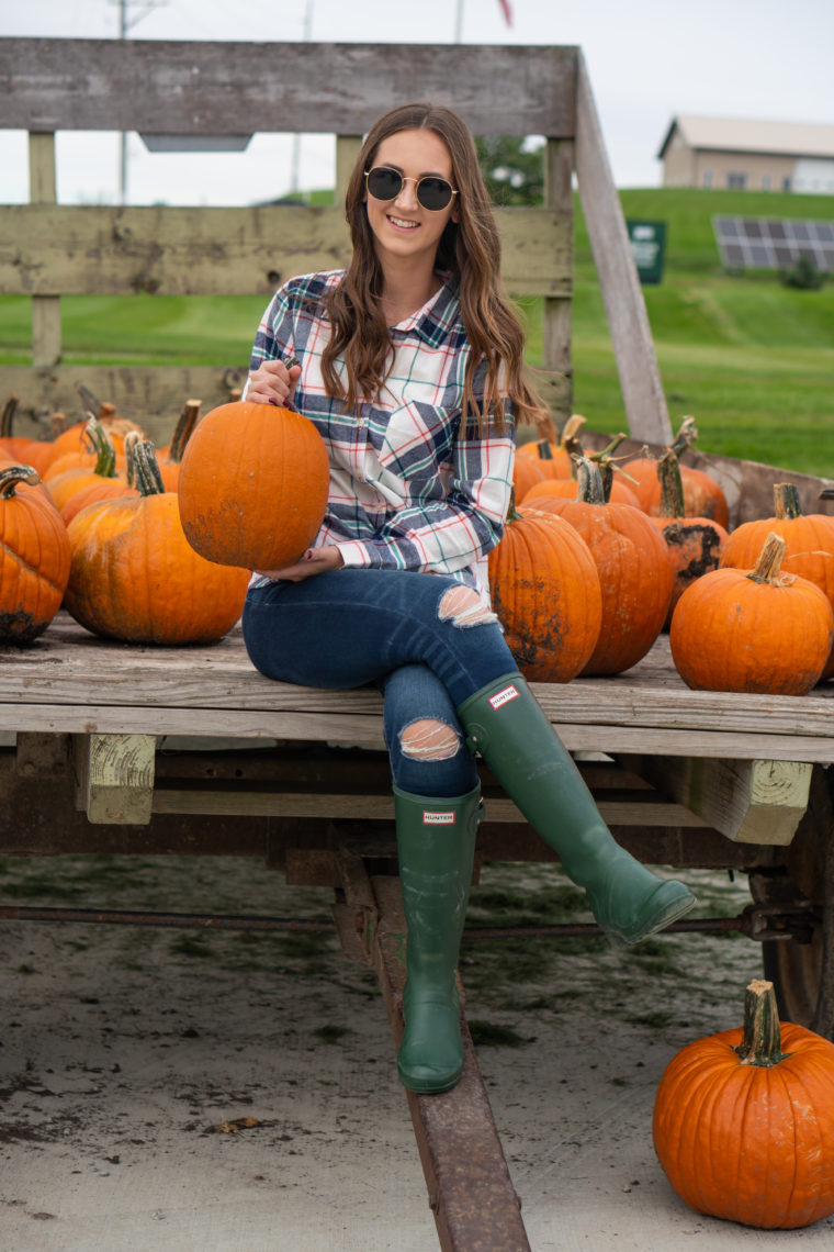 Hunter boots, plaid shirt, leopard clutch