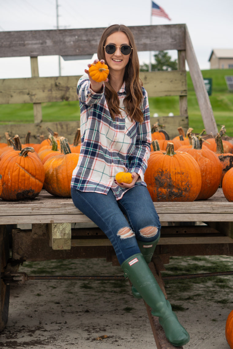 plaid flannel shirt, Hunter boots, fall style