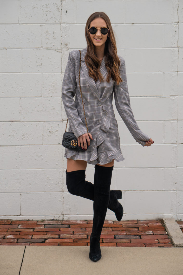 ruffle plaid dress, OTK boots, DIY Halloween Costume