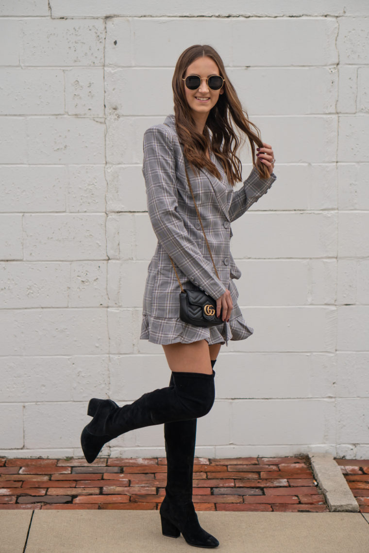 over the knee boots, plaid dress, ruffle dress