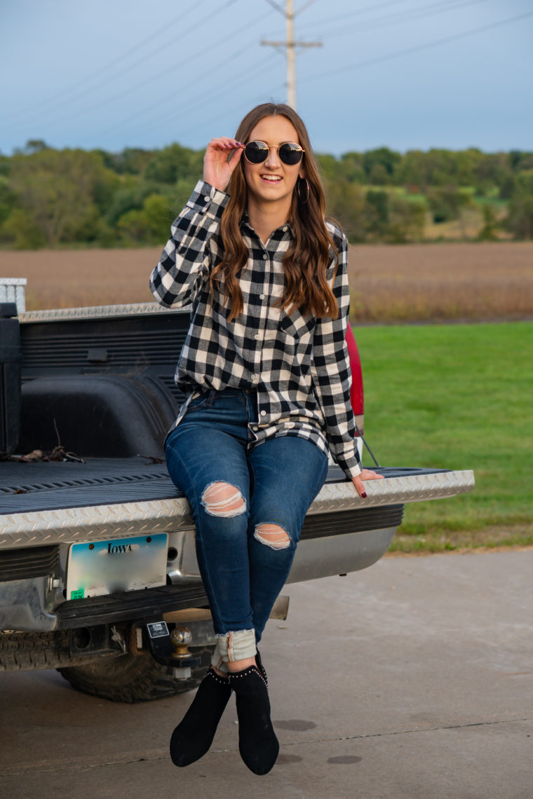 buffalo plaid top, black booties, fall style