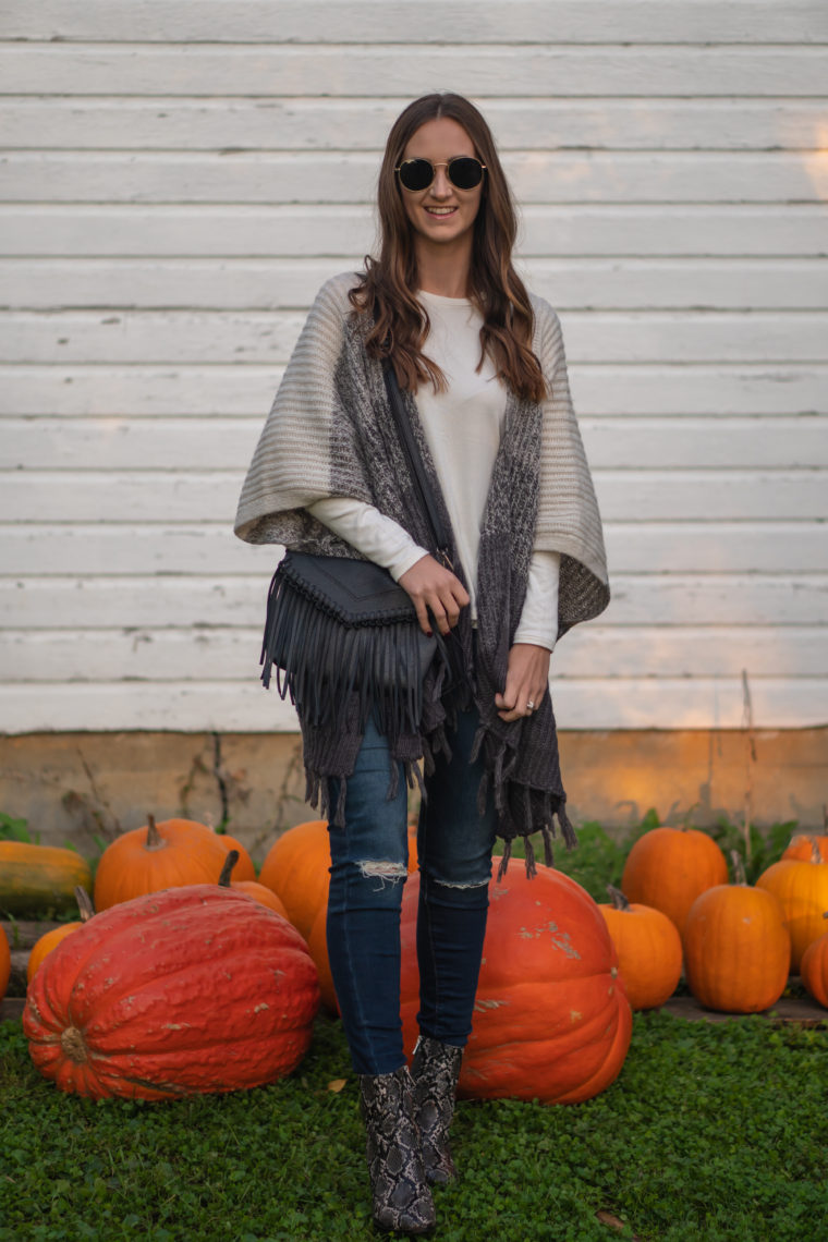 tassel bag, color block kimono, fall style