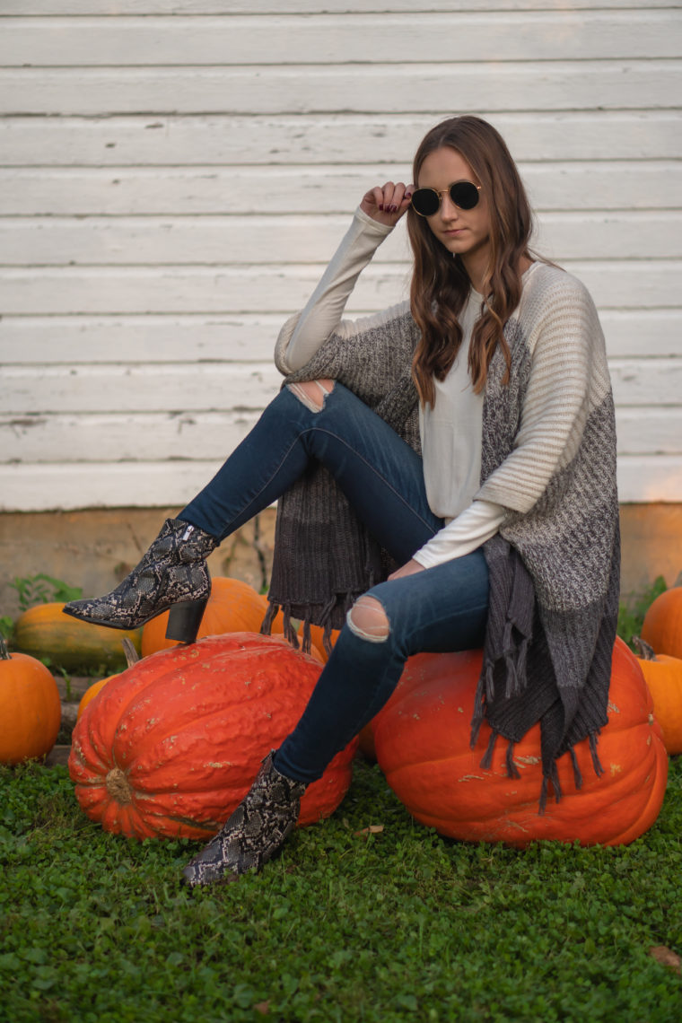 orange pumpkins, snakeskin booties, fall style